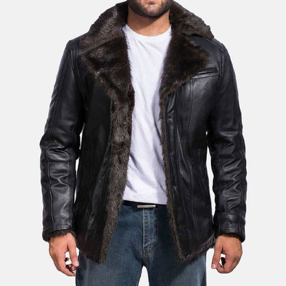 Mens Faux Fur Black Leather Coat