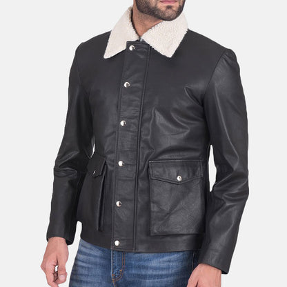 Mens Flap Pockets Black Leather Jacket