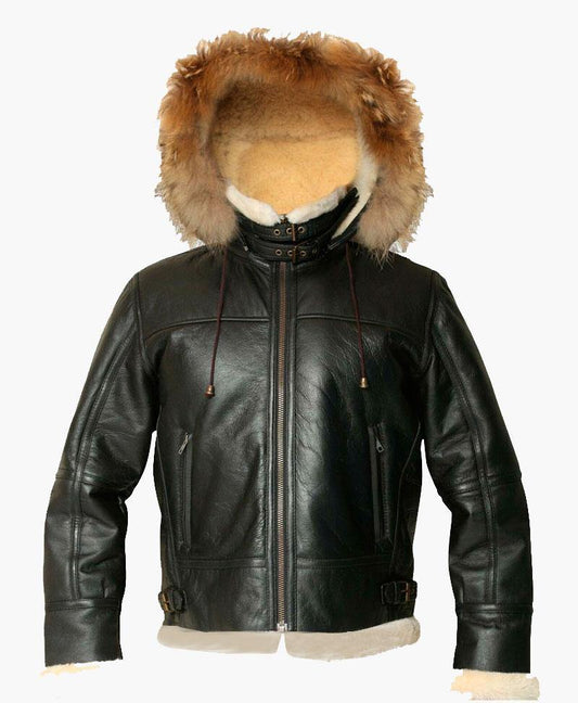 MENS HOODED FLIGHT BOMBER LEATHER JACKET WITH FUR - Wiseleather