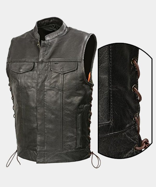 Men’s Brown Leather Club-Style Vest - Side Lace Leather Vest