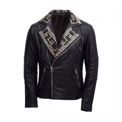 Men’s Magnificent Padded Leather Jacket With Black Silver Gold Contrast Studs - Wiseleather