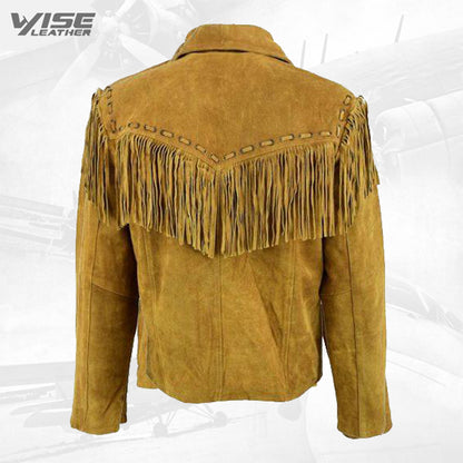 Mens New Native American Western Brown Suede Leather Jacket Fringe Tassels