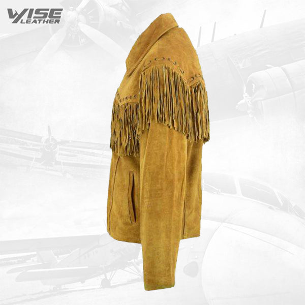 Mens New Native American Western Brown Suede Leather Jacket Fringe Tassels