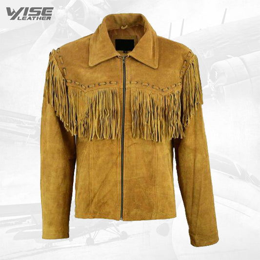 Mens New Native American Western Brown Suede Leather Jacket Fringe Tassels