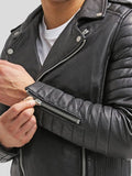 Mens Quilted Style Black Leather Biker Jacket