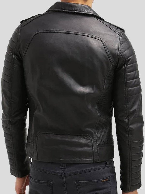 Mens Quilted Style Black Slim Fit Leather Biker Jacket