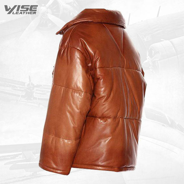 Mens Real Brown Leather Puffer Jacket - Wiseleather