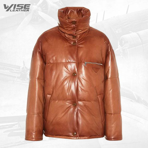 Mens Real Brown Leather Puffer Jacket - Wiseleather
