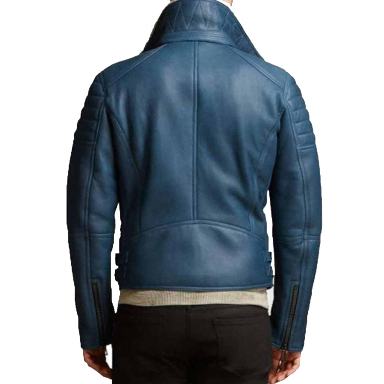 Mens Shearling Asymmetrical Zipper Blue Biker Leather Jacket