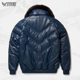 Mens V-Bomber Navy Leather Jacket - Wiseleather