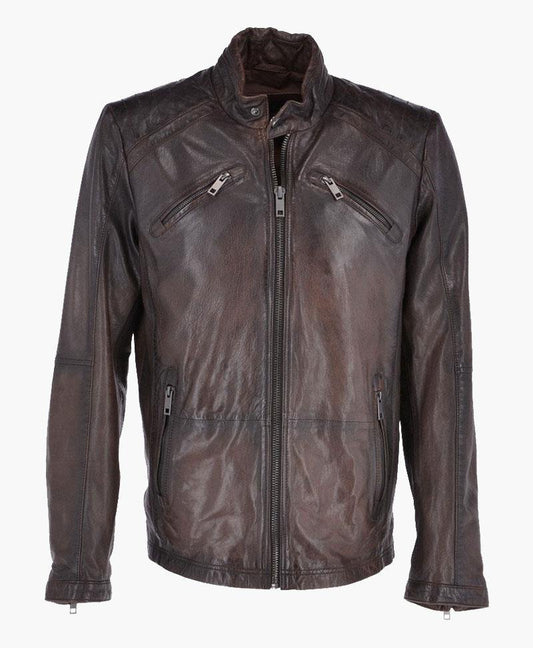 Dark Brown Vintage Leather Biker Jacket for Men