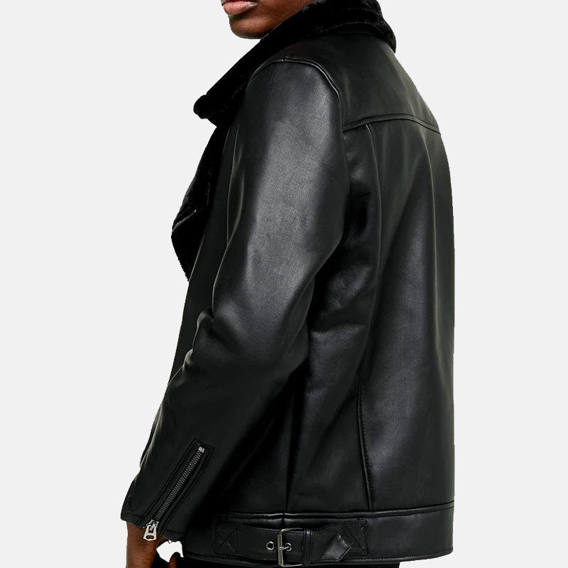 Mens Winter Style Black Leather B3 Shearling Jacket Back