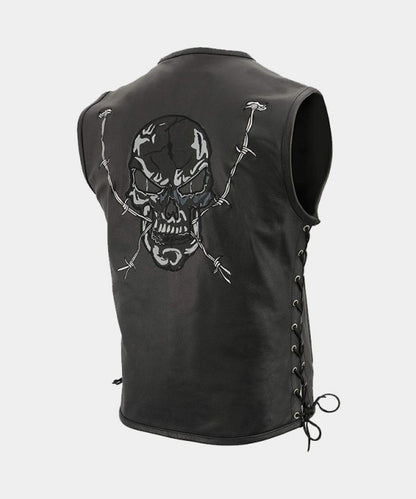 Men’s Zipper Front Side Lace Leather Vest with Reflective Skulls