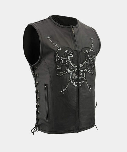 Zipper Front Leather Vest - Side Lace Vest with Reflective Skulls