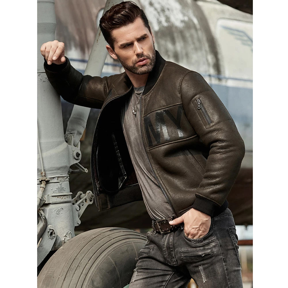 Mens ArmyGreen B3 Flight Sheepskin Motorcycle Leather Jacket in USA