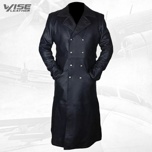 Mens Army Style Genuine Sheepskin Black Leather Long Trench Coat