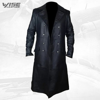 Mens Army Style Genuine Sheepskin Black Leather Long Trench Coat