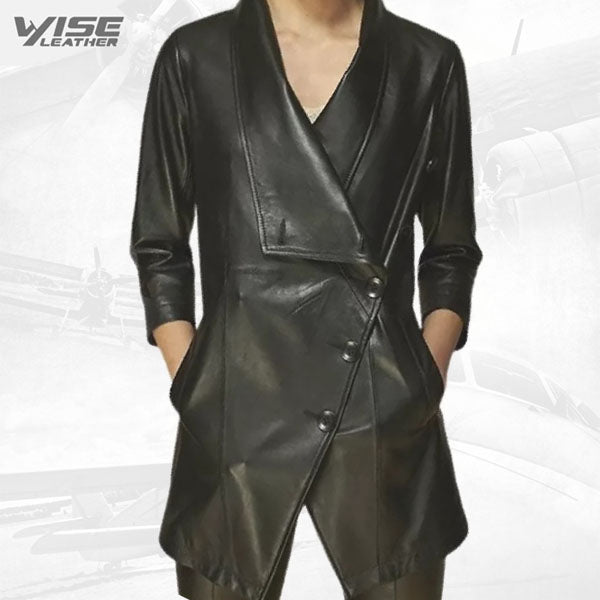 Mens Asymmetrical Front Genuine Sheepskin Black Long Leather Trench Coat