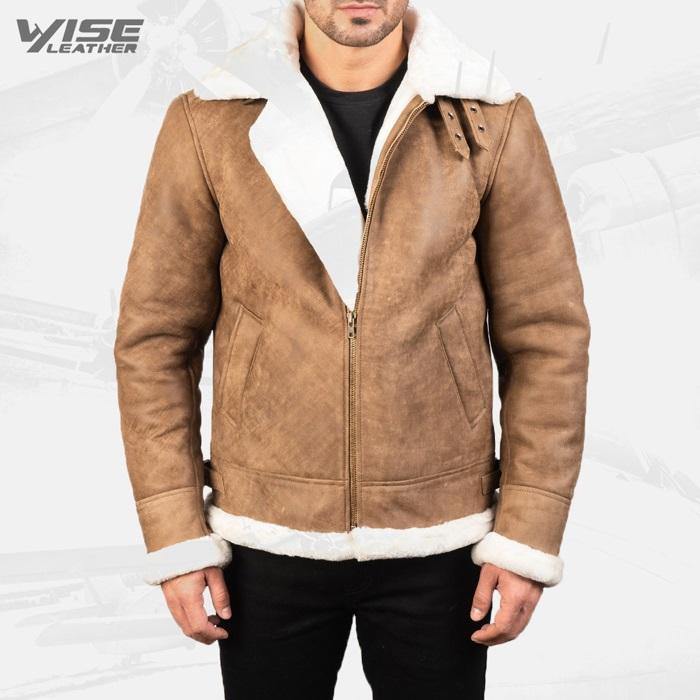 Mens Aviator B-3 Distressed Brown Leather Bomber Jacket - Wiseleather