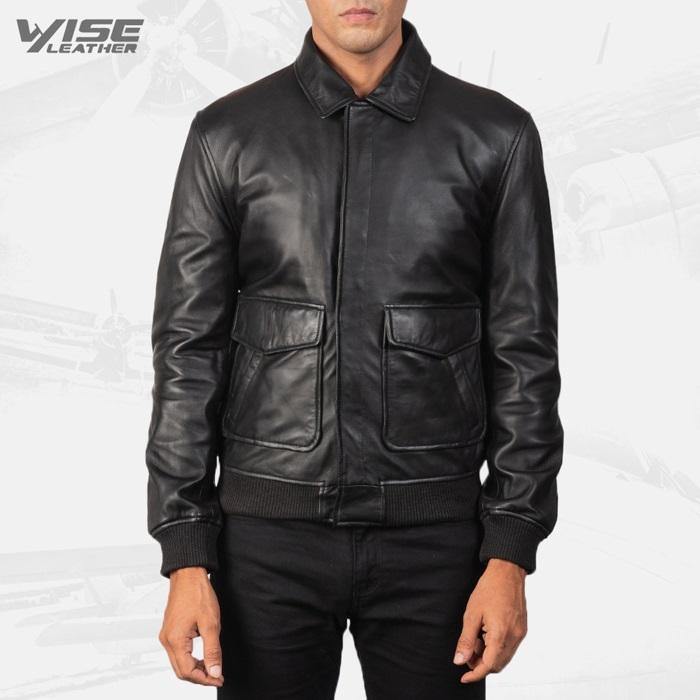 Mens Aviator Black Leather Bomber Jacket - Wiseleather