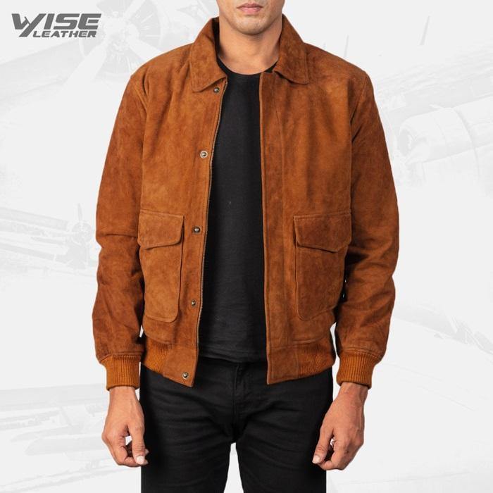Mens Aviator Brown Suede Leather Bomber Jacket - Wiseleather