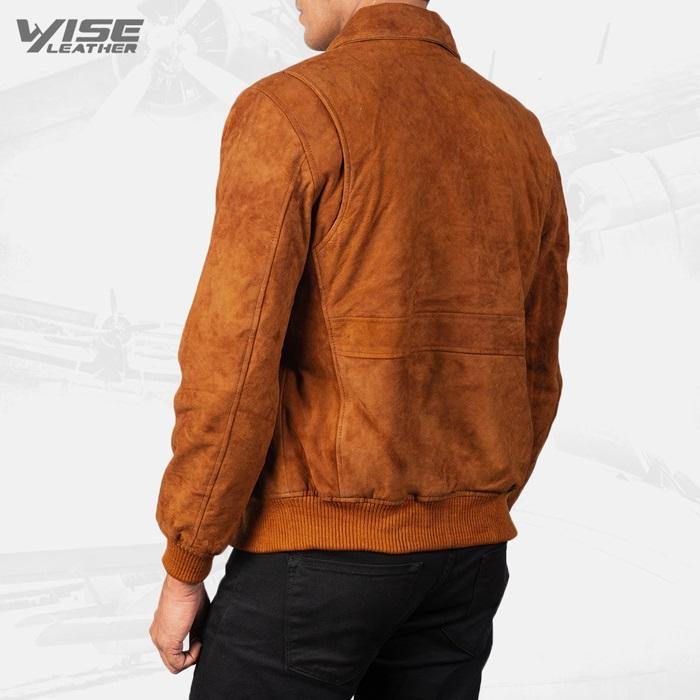 Mens Aviator Brown Suede Leather Bomber Jacket - Wiseleather
