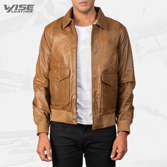 Mens Aviator Coffmen Olive Brown Leather Bomber Jacket - Wiseleather