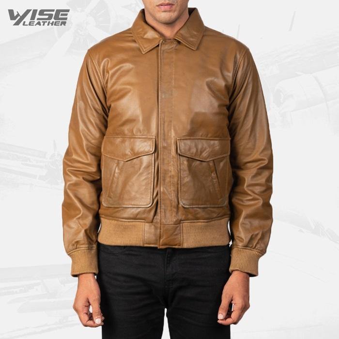Mens Aviator Coffmen Olive Brown Leather Bomber Jacket - Wiseleather