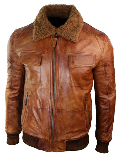 Mens B3 Bomber Rust Tan Brown Fur Collar Aviator Pilot Leather Jacket in USA