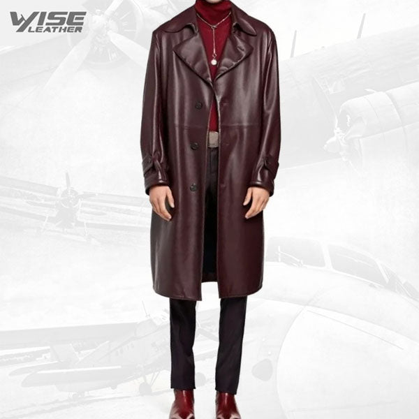 Mens Belted Real Sheepskin Burgundy Long Leather Trench Coat