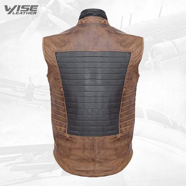 Mens Black Brown Leather Puffer Body Warmer Padded Sleeveless Waistcoat Gilet - Wiseleather