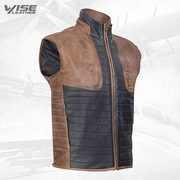 Mens Black Brown Leather Puffer Body Warmer Padded Sleeveless Waistcoat Gilet - Wiseleather