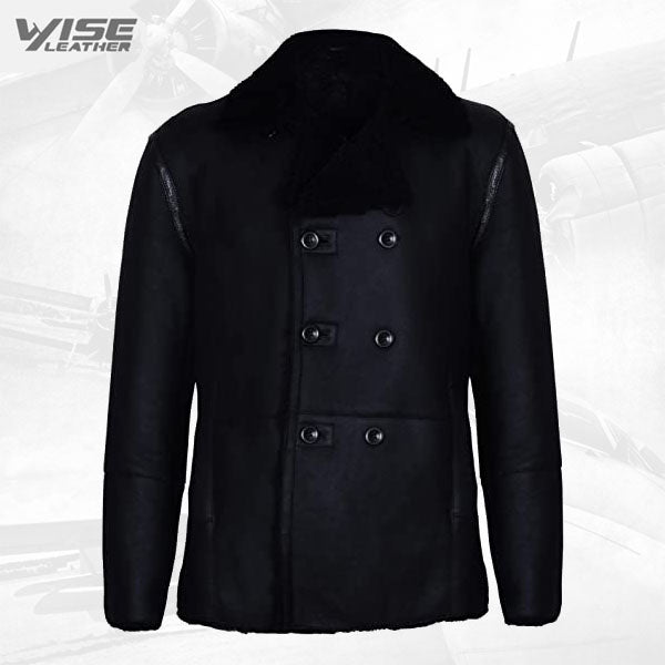 Mens Black German Double Breasted Real Sheepskin Shearling Leather Jacket Coat