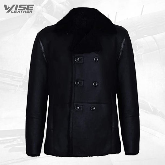 Mens Black German Double Breasted Real Sheepskin Shearling Leather Jacket Coat