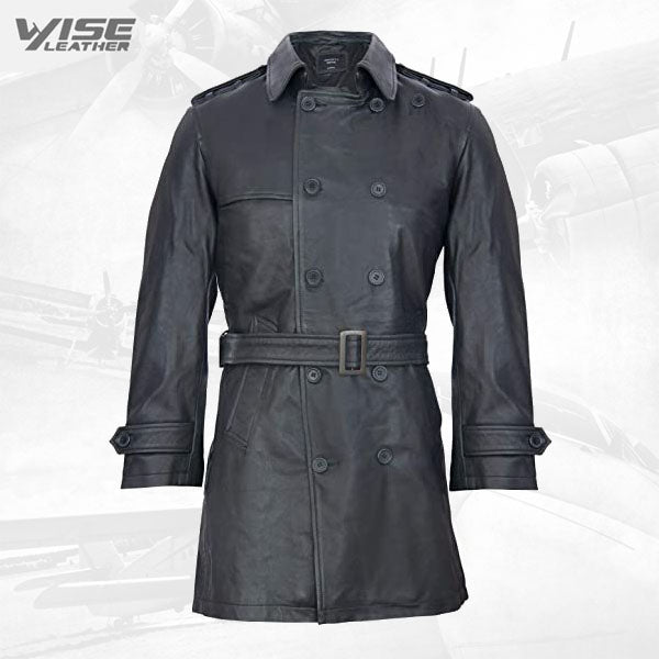 Mens Black German Military WW2 Vintage Long Trench Coat Genuine Leather Jacket