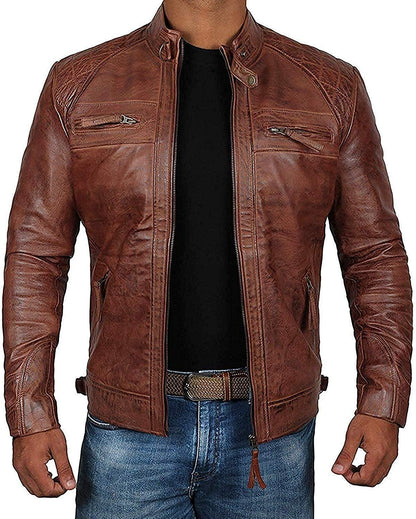 Mens Brown Distressed Motorcycle Leather Jacket - Wiseleather