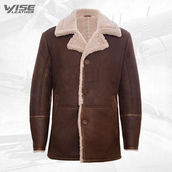 Mens Brown German Classic Real Sheepskin Shearling Leather Cromby Jacket Coat - Wiseleather