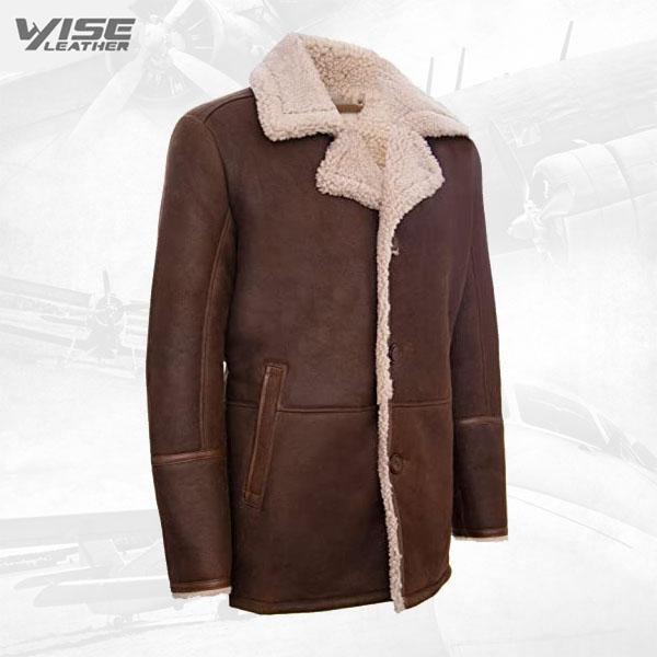 Mens Brown German Classic Real Sheepskin Shearling Leather Cromby Jacket Coat - Wiseleather