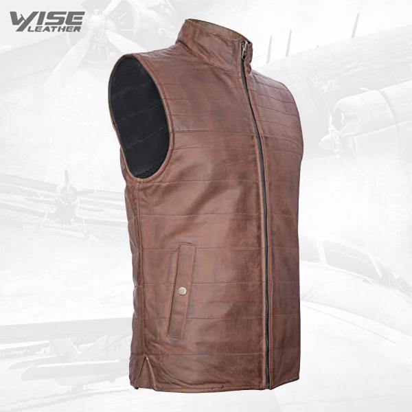 Mens Brown Reversible Leather Puffer Body Warmer Padded Waistcoat Gilet - Wiseleather