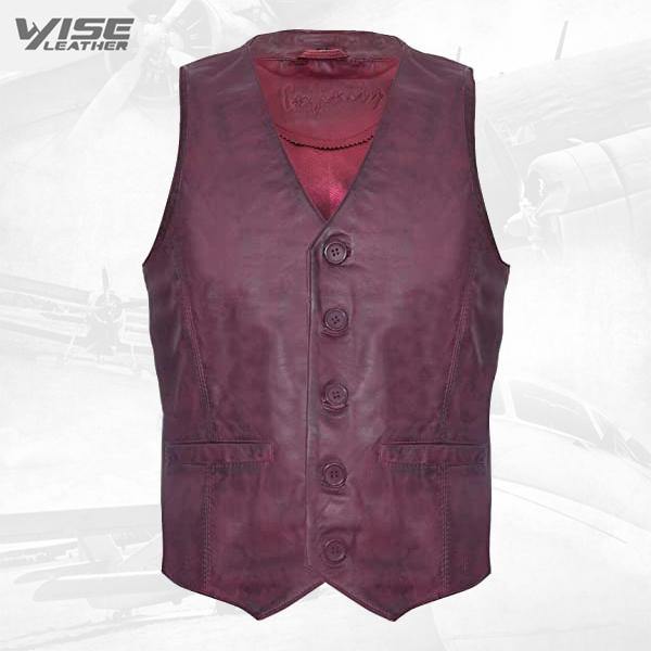 Mens Burgundy Leather Waistcoat Casual Classic Formal Traditional Gilet Vest - Wiseleather