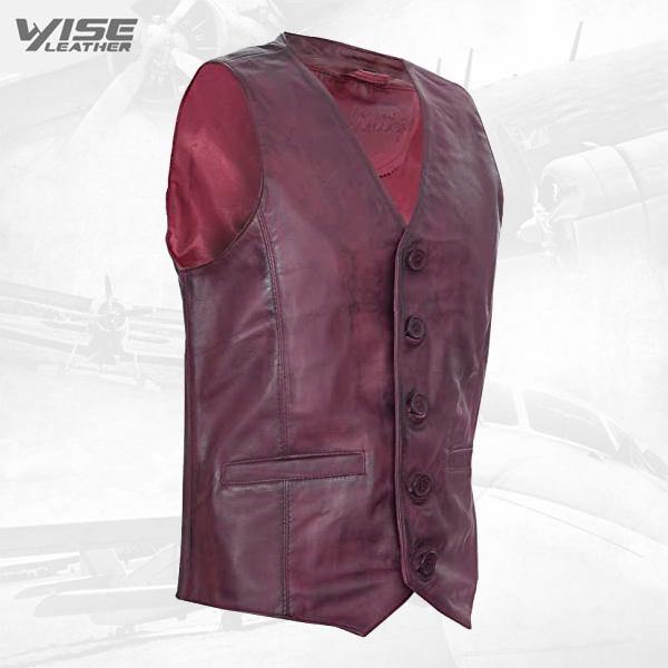 Mens Burgundy Leather Waistcoat Casual Classic Formal Traditional Gilet Vest - Wiseleather