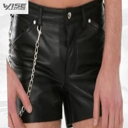 Mens Casual Wear Real Sheepskin Black Leather Short