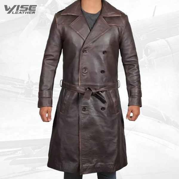 Mens Classic Real Sheepskin Distressed Brown Long Leather Trench Coat