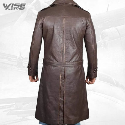 Mens Classic Real Sheepskin Distressed Brown Long Leather Trench Coat