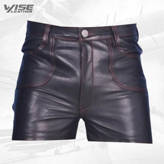 Mens Club Wear Real Sheepskin Navy Blue Leather Shorts