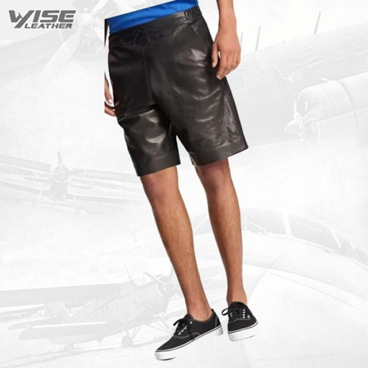 Mens Comfortable Real Sheepskin Black Leather Shorts