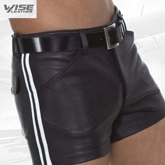 Mens Cool Look Real Sheepskin Black Leather Shorts