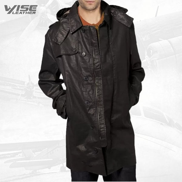 Mens Custom Made Hooded Black Leather Trench Coat