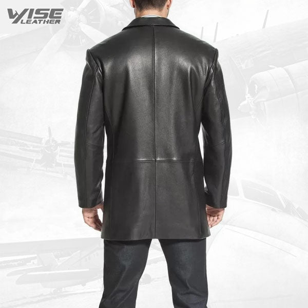 Mens Custom Soft Genuine Black Leather Blazer Trench Coat