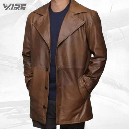 Mens Distressed Real Sheepskin Brown Long Leather Coat